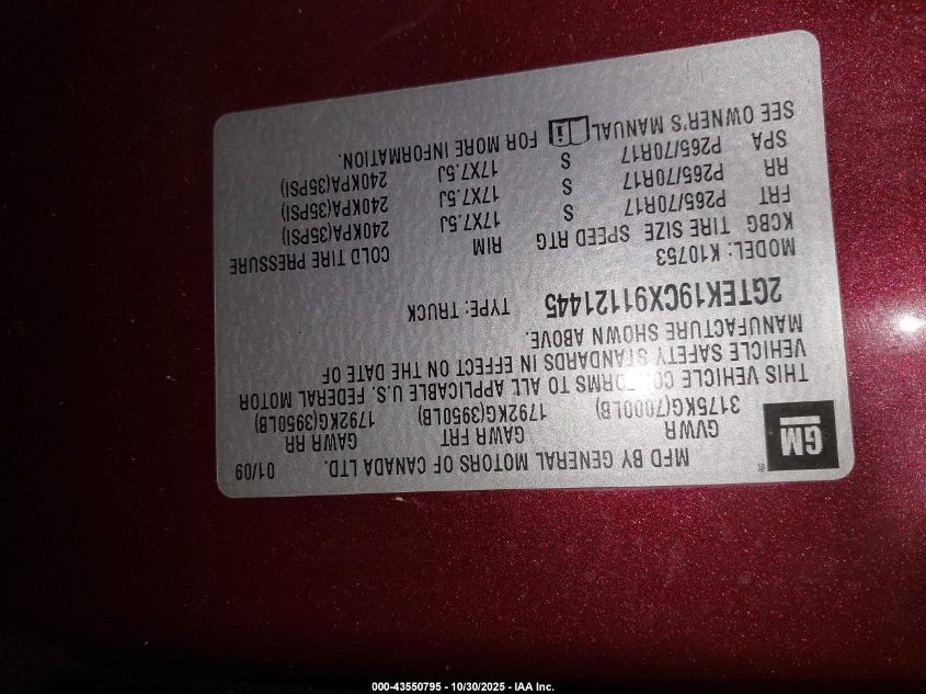 2009 GMC Sierra 1500 Sl VIN: 2GTEK19CX91121445 Lot: 43550795