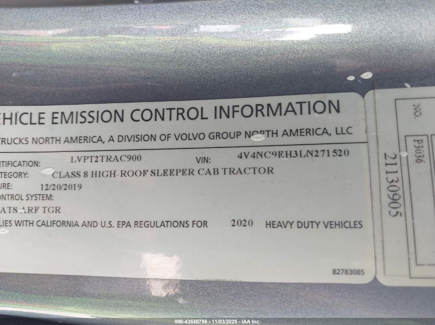 2020 Volvo Vnl VIN: 4V4NC9EH3LN271520 Lot: 43550796