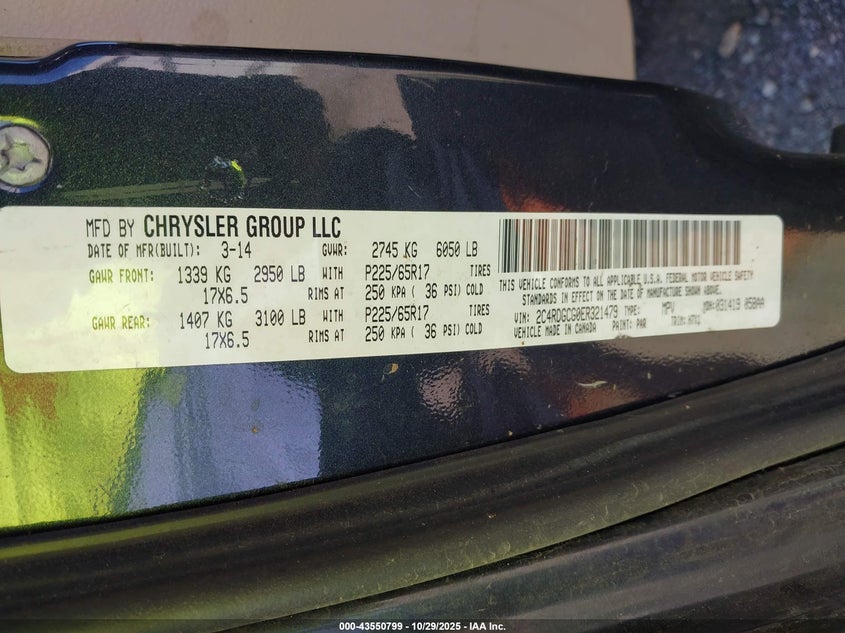 2014 Dodge Grand Caravan Sxt/Sxt 30Th Anniversary VIN: 2C4RDGCG0ER321479 Lot: 43550799