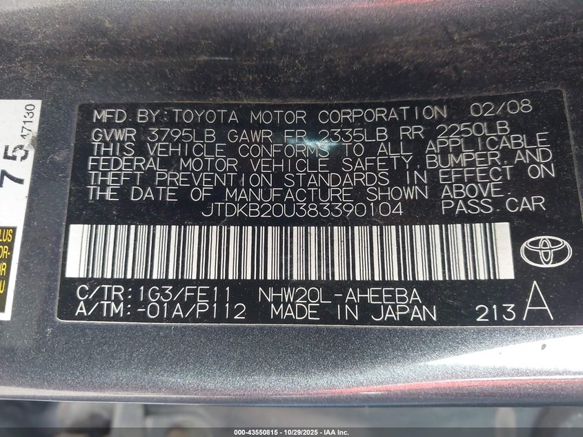 JTDKB20U383390104 2008 TOYOTA PRIUS photo no. 9