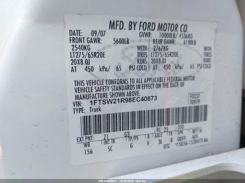 2008 Ford F-250 Fx4/Harley-Davidson/King Ranch/Lariat/Xl/Xlt VIN: 1FTSW21R98EC40873 Lot: 43550817
