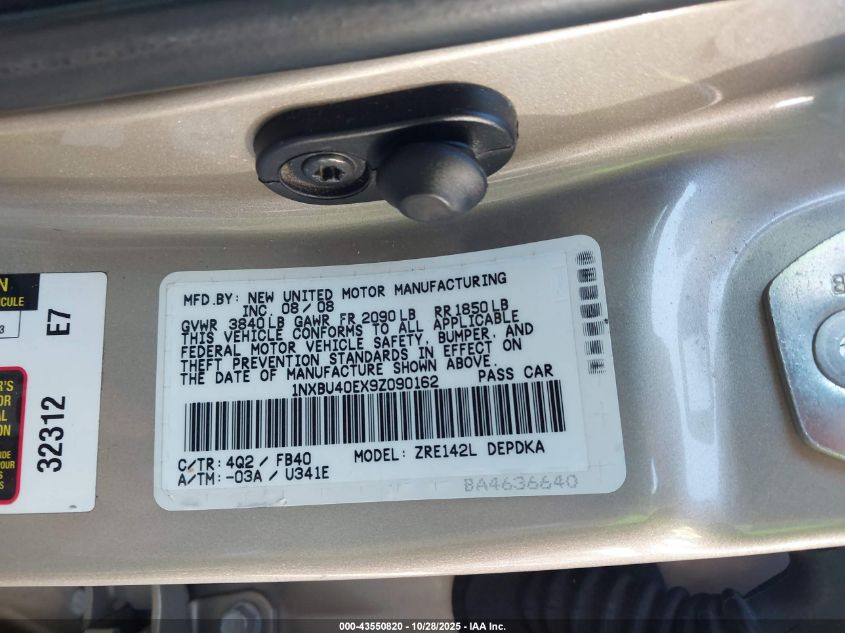 2009 Toyota Corolla Le VIN: 1NXBU40EX9Z090162 Lot: 43550820