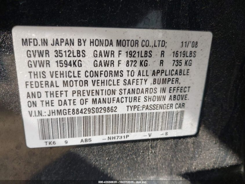 2009 Honda Fit Sport VIN: JHMGE88429S029862 Lot: 43550839