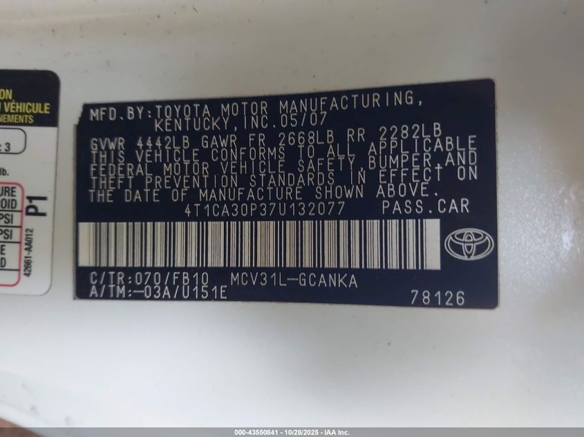 2007 Toyota Camry Solara Se V6 VIN: 4T1CA30P37U132077 Lot: 43550841