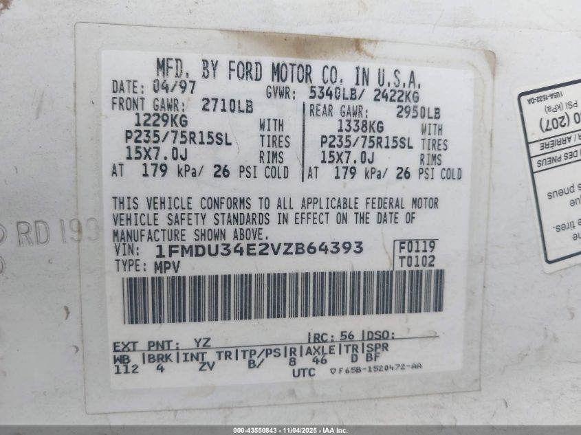 1997 Ford Explorer Eddie Bauer/Limited/Xl/Xlt VIN: 1FMDU34E2VZB64393 Lot: 43550843
