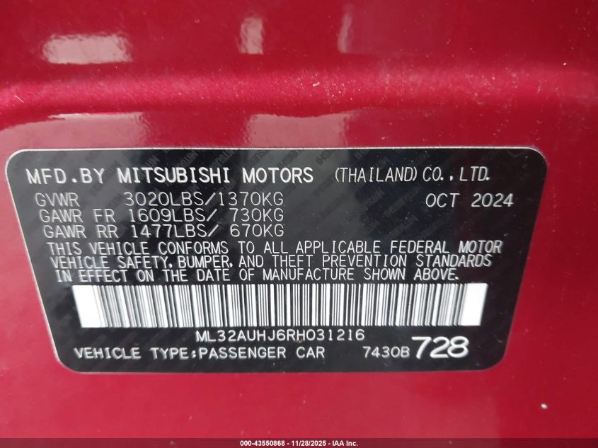 2024 Mitsubishi Mirage Es/Le VIN: ML32AUHJ6RH031216 Lot: 43550868