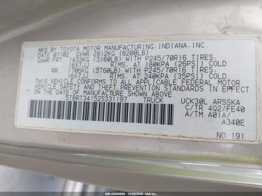 5TBRT34152S331197 2002 TOYOTA TUNDRA photo no. 9