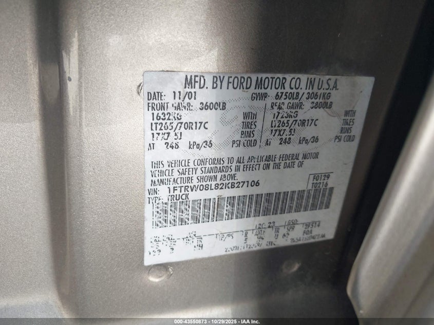 2002 Ford F-150 Lariat/Xlt VIN: 1FTRW08L82KB27106 Lot: 43550873