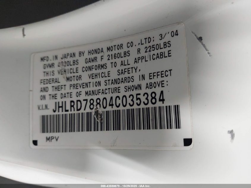 2004 Honda Cr-V Ex VIN: JHLRD78804C035384 Lot: 43550879