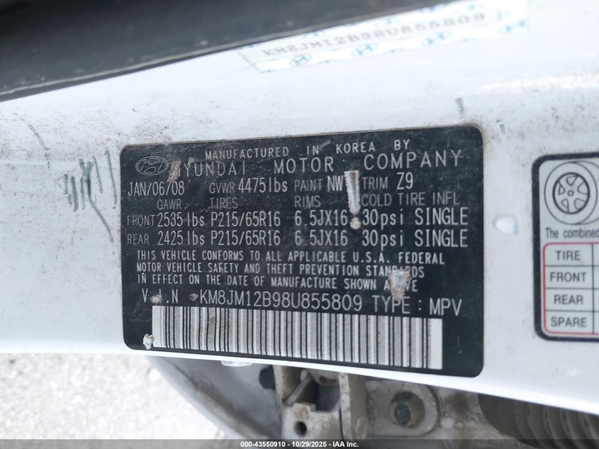 2008 Hyundai Tucson Gls VIN: KM8JM12B98U855809 Lot: 43550910