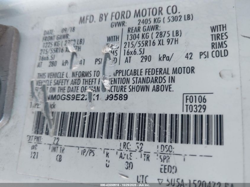 2019 Ford Transit Connect Xl VIN: NM0GS9E22K1399589 Lot: 43550916