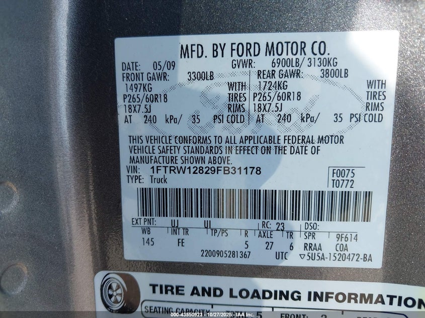 2009 Ford F-150 Xl/Xlt VIN: 1FTRW12829FB31178 Lot: 43550923