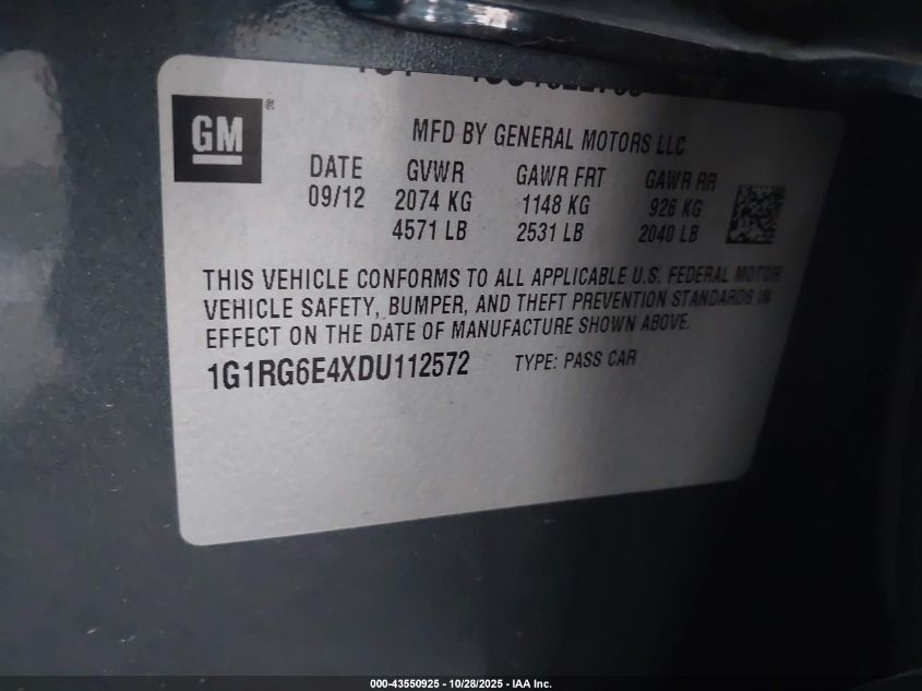 2013 Chevrolet Volt VIN: 1G1RG6E4XDU112572 Lot: 43550925