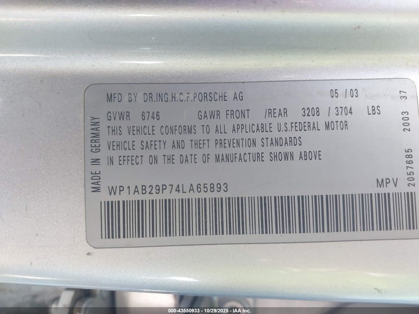 2004 Porsche Cayenne S VIN: WP1AB29P74LA65893 Lot: 43550933