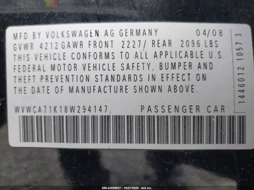 2008 Volkswagen Rabbit S VIN: WVWCA71K18W294147 Lot: 43550937