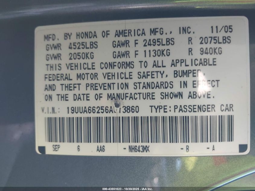 2006 Acura Tl VIN: 19UUA66256A013860 Lot: 43551023