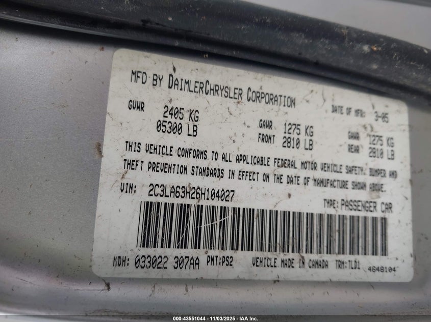 2005 Chrysler 300C VIN: 2C3AA63H45H631265 Lot: 43551044