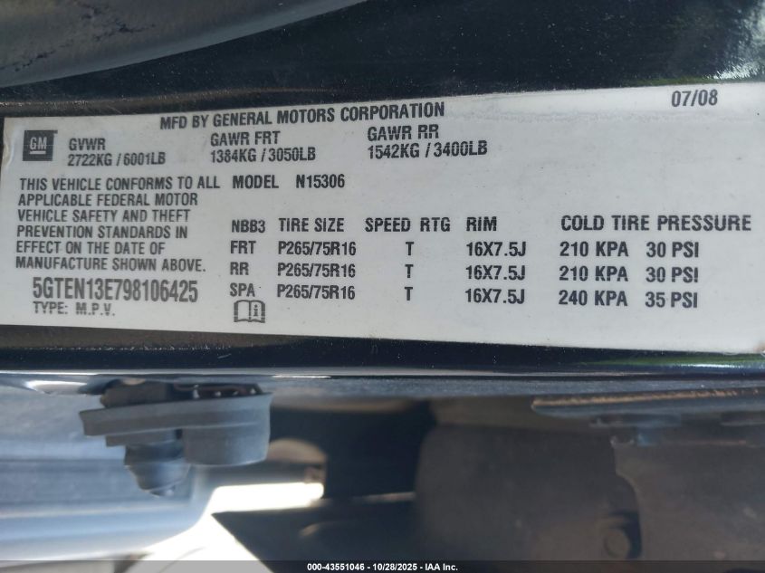 2009 Hummer H3 Suv VIN: 5GTEN13E798106425 Lot: 43551046