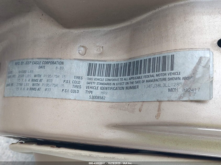 1990 Jeep Cherokee Pioneer VIN: 1J4FJ38L3LL128513 Lot: 43551051