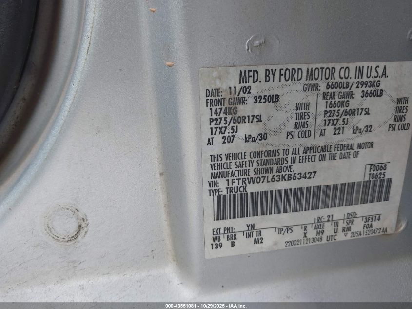 2003 Ford F-150 Lariat/Xlt VIN: 1FTRW07L63KB63427 Lot: 43551081
