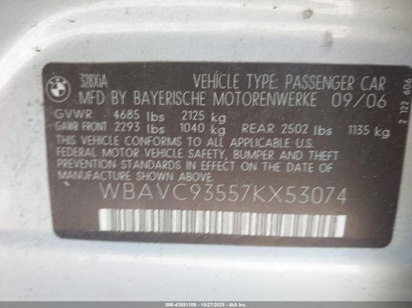 2007 BMW 328Xi VIN: WBAVC93557KX53074 Lot: 43551106