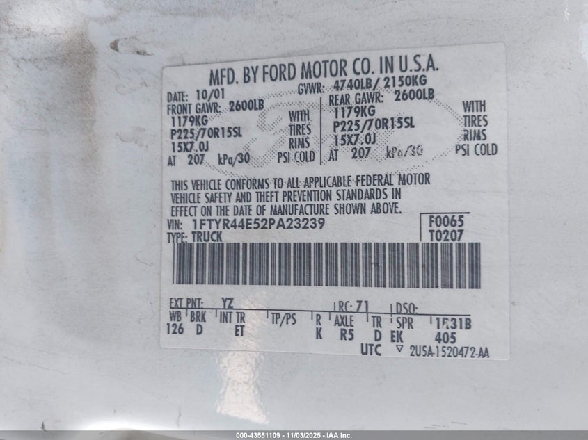 2002 Ford Ranger Xlt VIN: 1FTYR44E52PA23239 Lot: 43551109