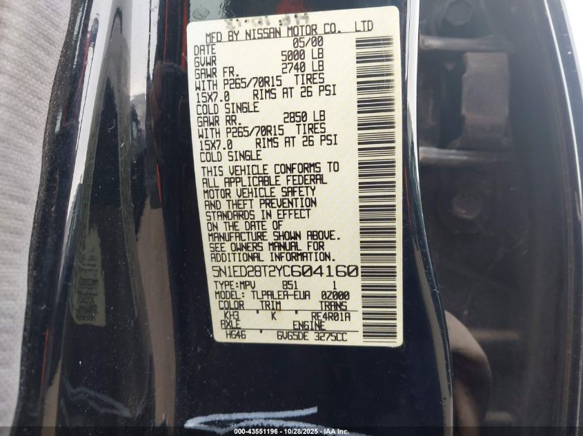 2000 Nissan Xterra Se/Xe VIN: 5N1ED28T2YC604160 Lot: 43551196