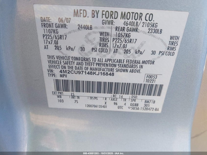 2008 Mercury Mariner Premier VIN: 4M2CU97148KJ16848 Lot: 43551203