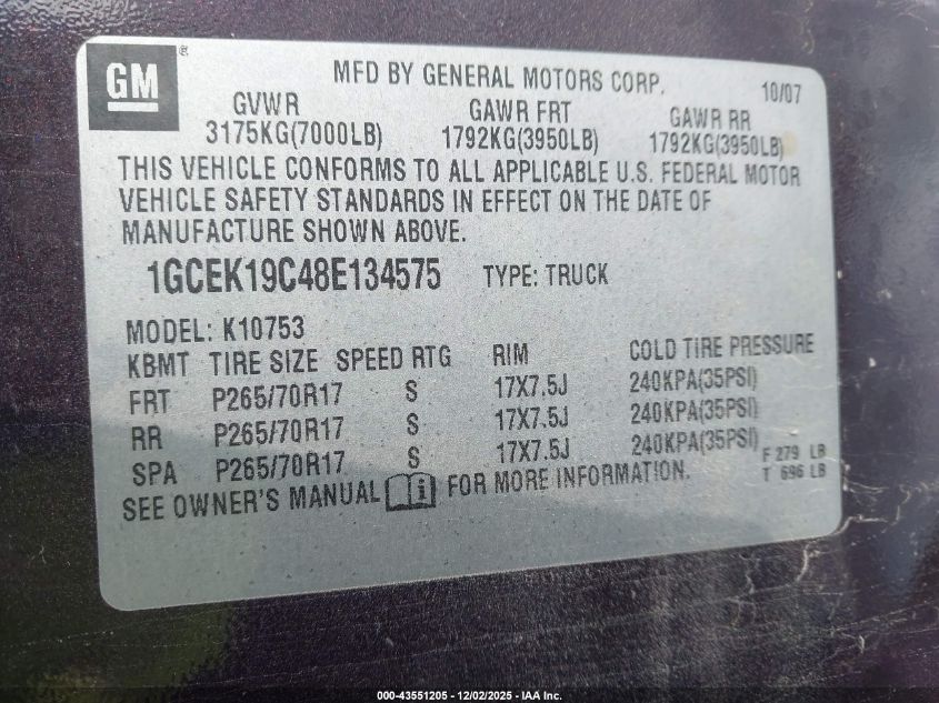 2008 Chevrolet Silverado 1500 Work Truck VIN: 1GCEK19C48E134575 Lot: 43551205