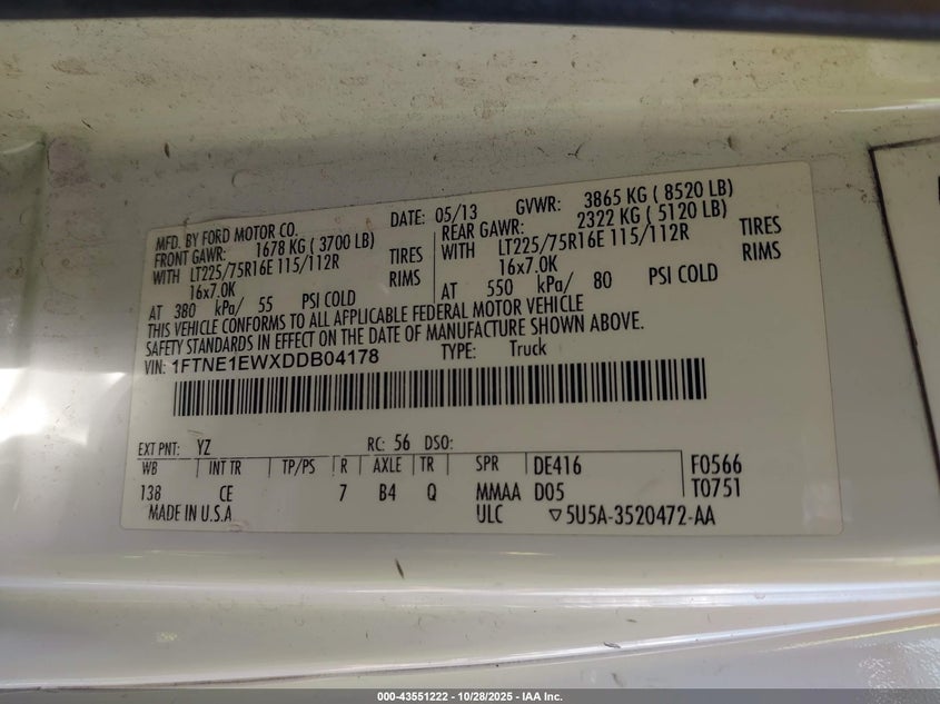 2013 Ford E-150 Commercial VIN: 1FTNE1EWXDDB04178 Lot: 43551222