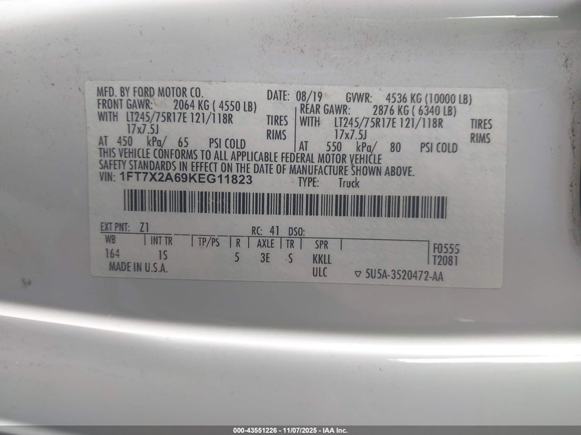 2019 Ford F-250 Xl VIN: 1FT7X2A69KEG11823 Lot: 43551226