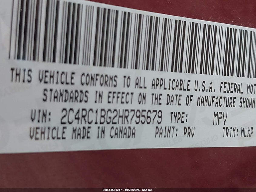 2017 Chrysler Pacifica Touring-L VIN: 2C4RC1BG2HR795679 Lot: 43551247