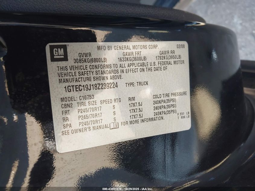 2008 GMC Sierra 1500 Sle2 VIN: 1GTEC19J18Z239224 Lot: 43551278