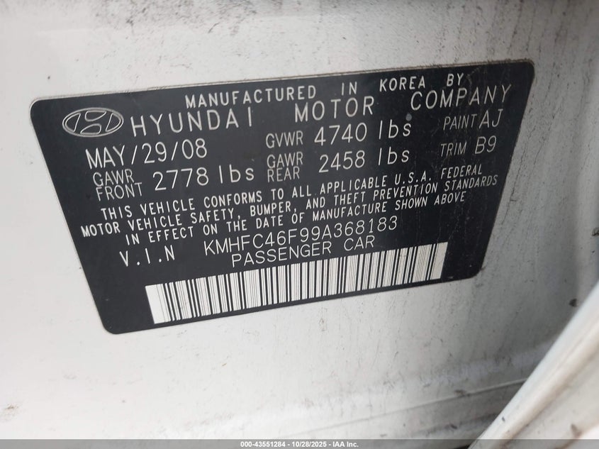 KMHFC46F99A368183 2009 HYUNDAI AZERA photo no. 9