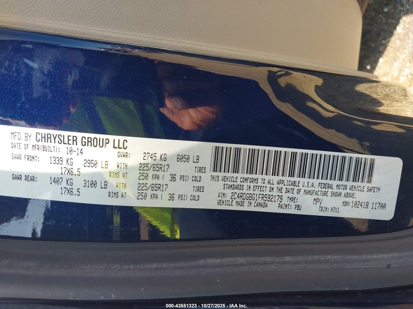 2015 Dodge Grand Caravan Se VIN: 2C4RDGBG1FR592179 Lot: 43551323