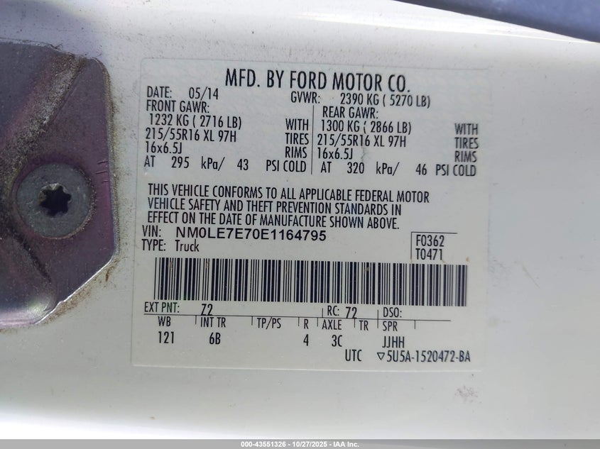 2014 Ford Transit Connect Xl VIN: NM0LE7E70E1164795 Lot: 43551326