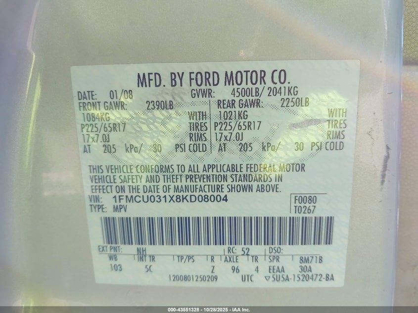 1FMCU031X8KD08004 2008 FORD ESCAPE photo no. 9