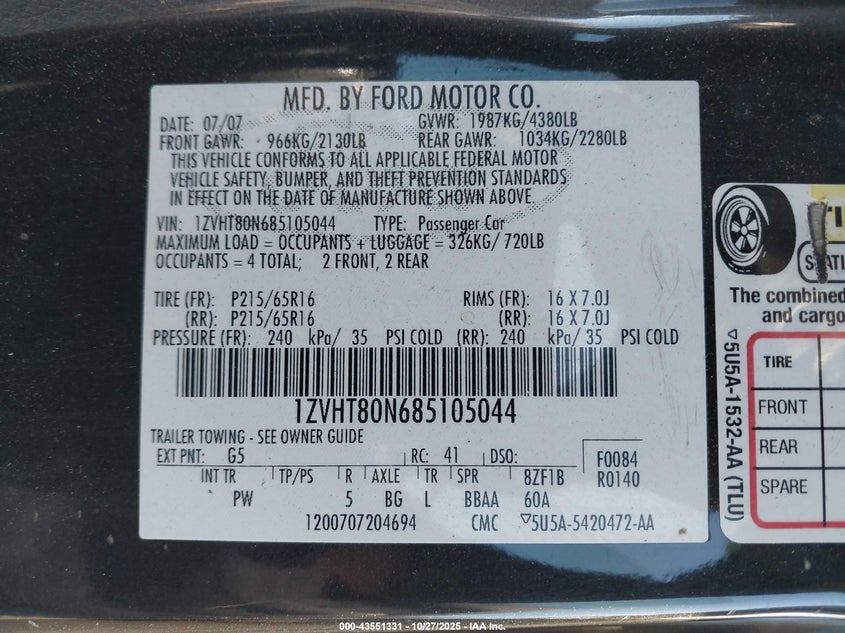 2008 Ford Mustang V6 Deluxe VIN: 1ZVHT80N685105044 Lot: 43551331