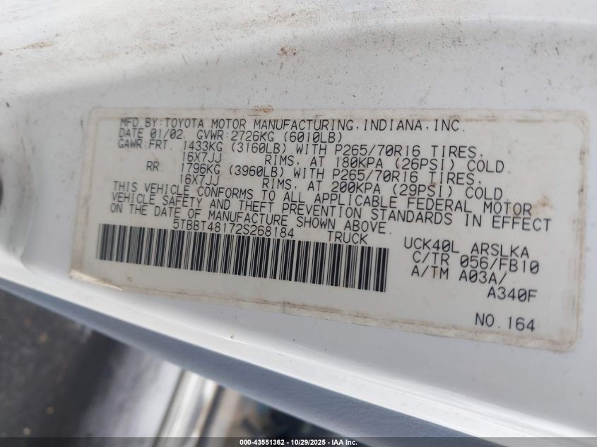 2002 Toyota Tundra Ltd V8 VIN: 5TBBT48172S268184 Lot: 43551362