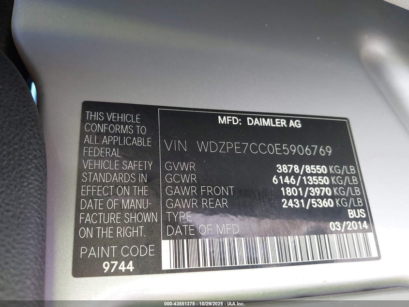 2014 Mercedes-Benz Sprinter 2500 Normal Roof VIN: WDZPE7CC0E5906769 Lot: 43551378