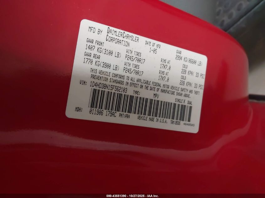 2005 Dodge Durango St VIN: 1D4HD38N15F562103 Lot: 43551390