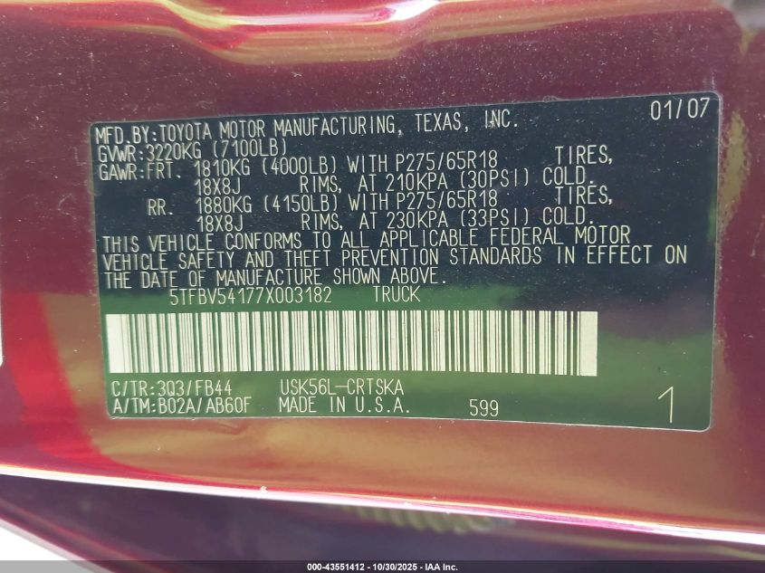 2007 Toyota Tundra Sr5 5.7L V8 VIN: 5TFBV54177X003182 Lot: 43551412