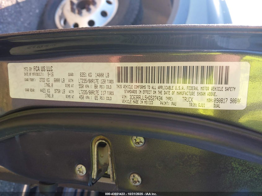 2017 Ram 3500 VIN: 3C63RRJL5HG527434 Lot: 43551422