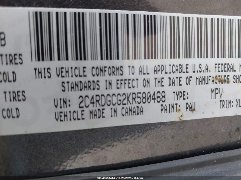 2019 Dodge Grand Caravan Sxt VIN: 2C4RDGCG2KR580468 Lot: 43551444