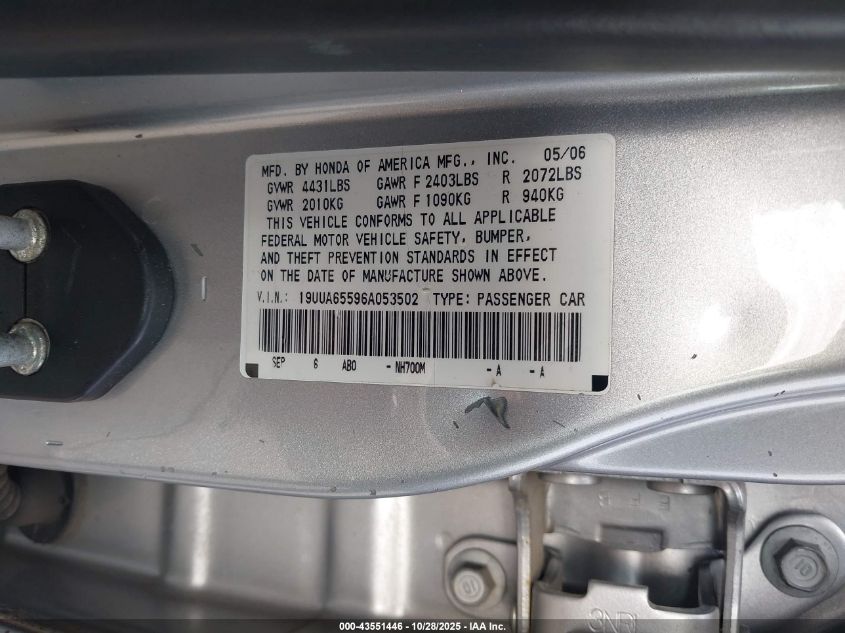 2006 Acura Tl VIN: 19UUA65596A053502 Lot: 43551446