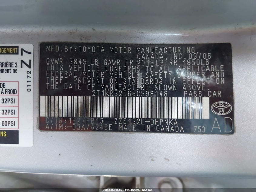 2006 Toyota Matrix Xr VIN: 2T1KR32E66C598148 Lot: 43551515