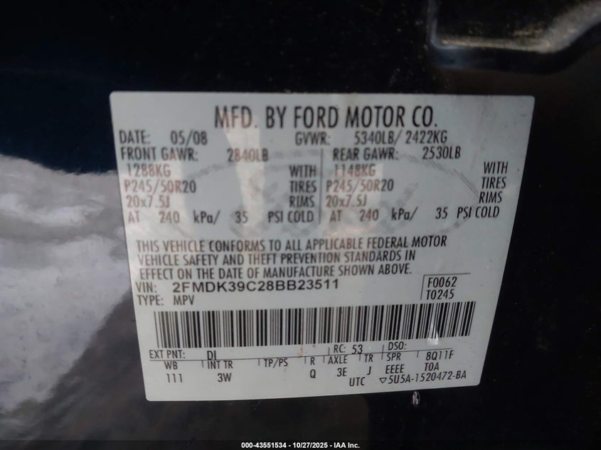 2008 Ford Edge Limited VIN: 2FMDK39C28BB23511 Lot: 43551534