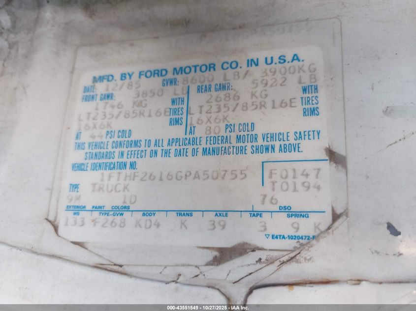 1986 Ford F250 VIN: 1FTHF2616GPA50755 Lot: 43551549