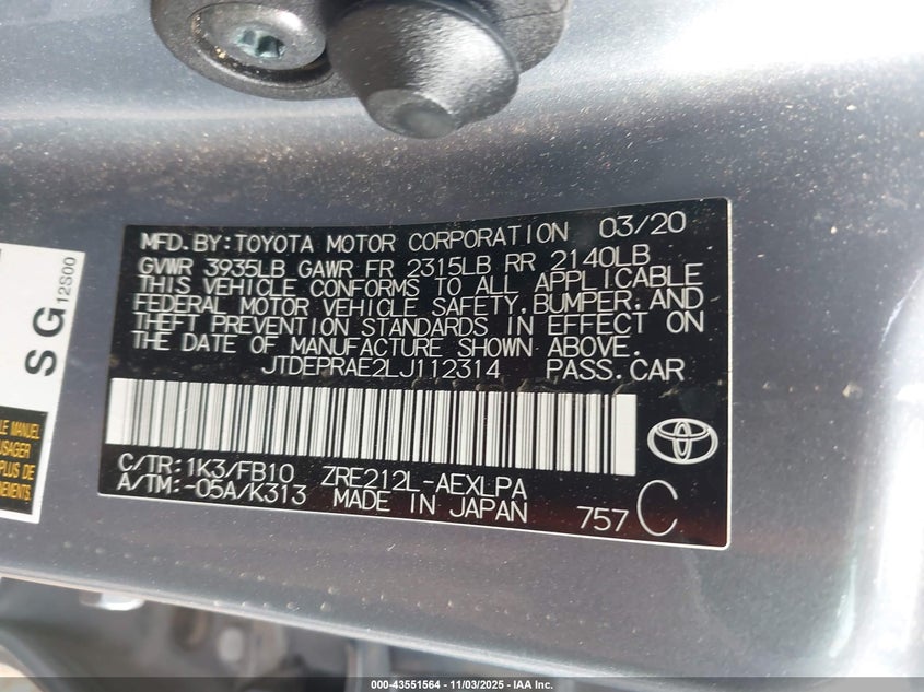 2020 TOYOTA COROLLA LE - JTDEPRAE2LJ112314