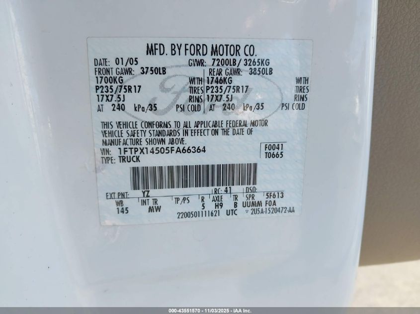 2005 Ford F-150 Fx4/Lariat/Xl/Xlt VIN: 1FTPX14505FA66364 Lot: 43551570